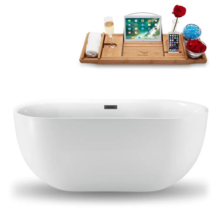 Streamline Bath 59" Streamline Freestanding Soaking Acrylic Bathtub With Drain and Bamboo Tray N1241BGM