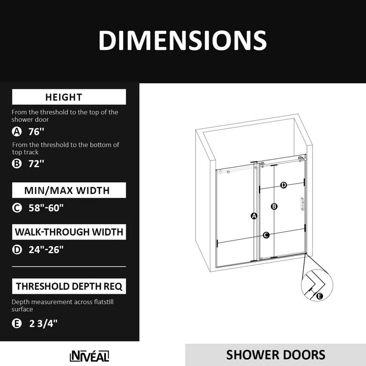 NIVEAL MQ7051C-7660SV 60" W x 76" H Single Sliding Semi-Frameless Shower Door with 3/8" Clear Glass