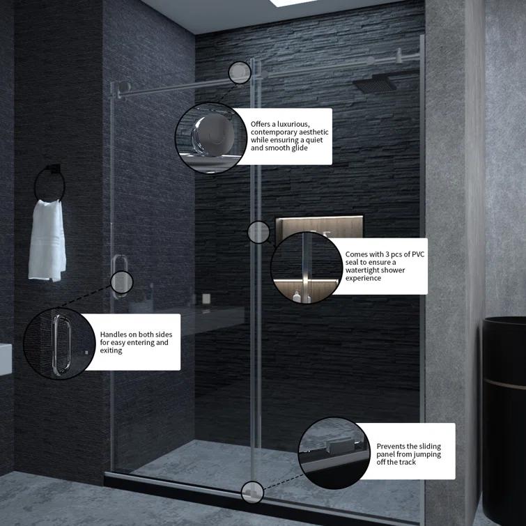 NIVEAL MQ7051C-7660SV 60" W x 76" H Single Sliding Semi-Frameless Shower Door with 3/8" Clear Glass