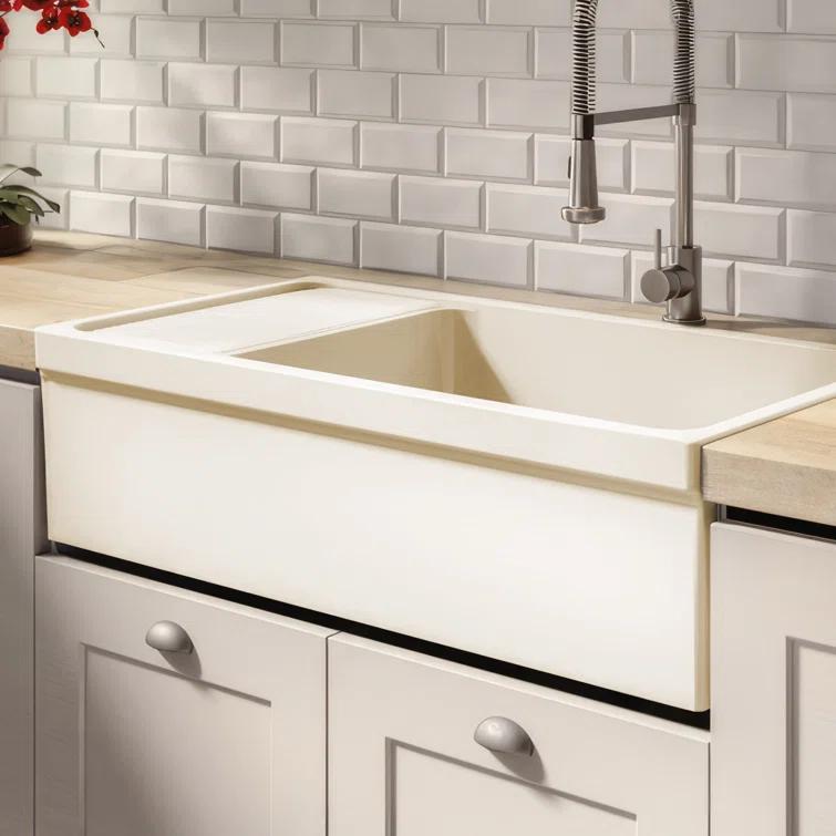 Glossy Black Fireclay Reversible Sink with Drainboard