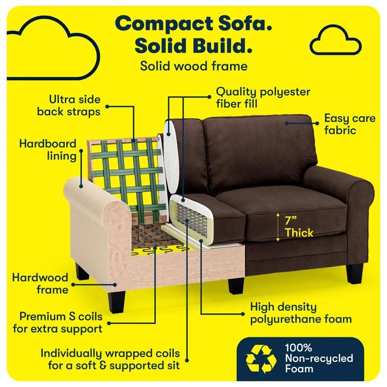 Serta Copenhagen 61" Rolled Arm Sofa, Easy Care Fabric, Soft Pillow Back, Pocket Coil Seat Cushions