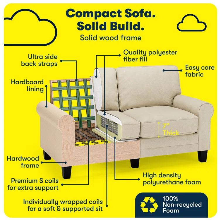 Serta Copenhagen 61" Rolled Arm Sofa, Easy Care Fabric, Soft Pillow Back, Pocket Coil Seat Cushions