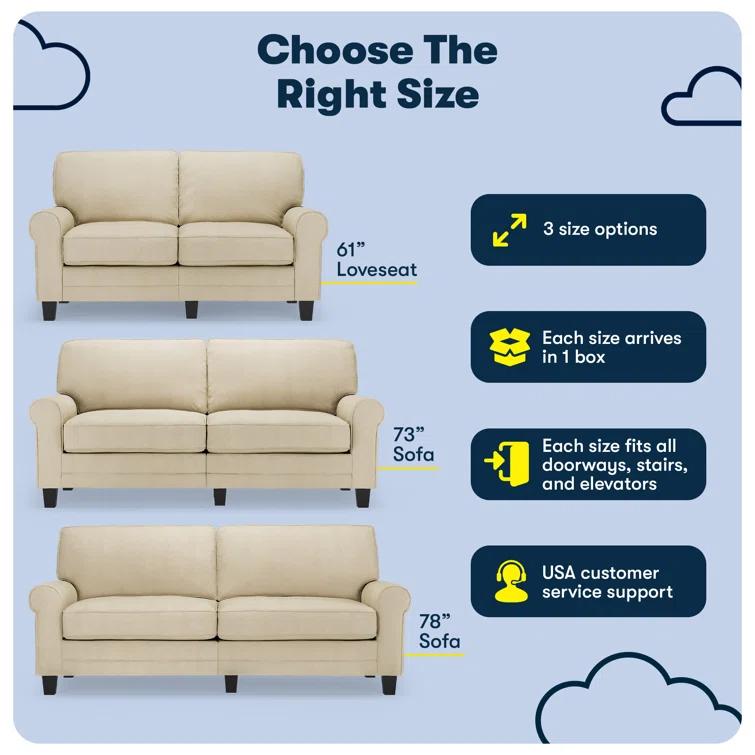 Serta Copenhagen 61" Rolled Arm Sofa, Easy Care Fabric, Soft Pillow Back, Pocket Coil Seat Cushions