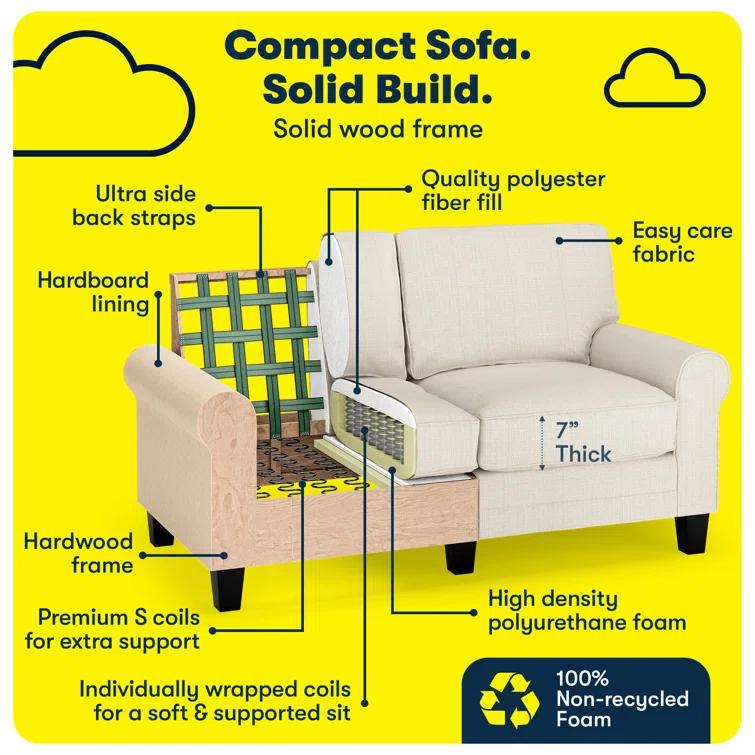 Serta Copenhagen 61" Rolled Arm Sofa, Easy Care Fabric, Soft Pillow Back, Pocket Coil Seat Cushions