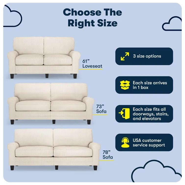 Serta Copenhagen 61" Rolled Arm Sofa, Easy Care Fabric, Soft Pillow Back, Pocket Coil Seat Cushions