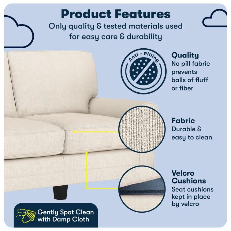 Serta Copenhagen 61" Rolled Arm Sofa, Easy Care Fabric, Soft Pillow Back, Pocket Coil Seat Cushions