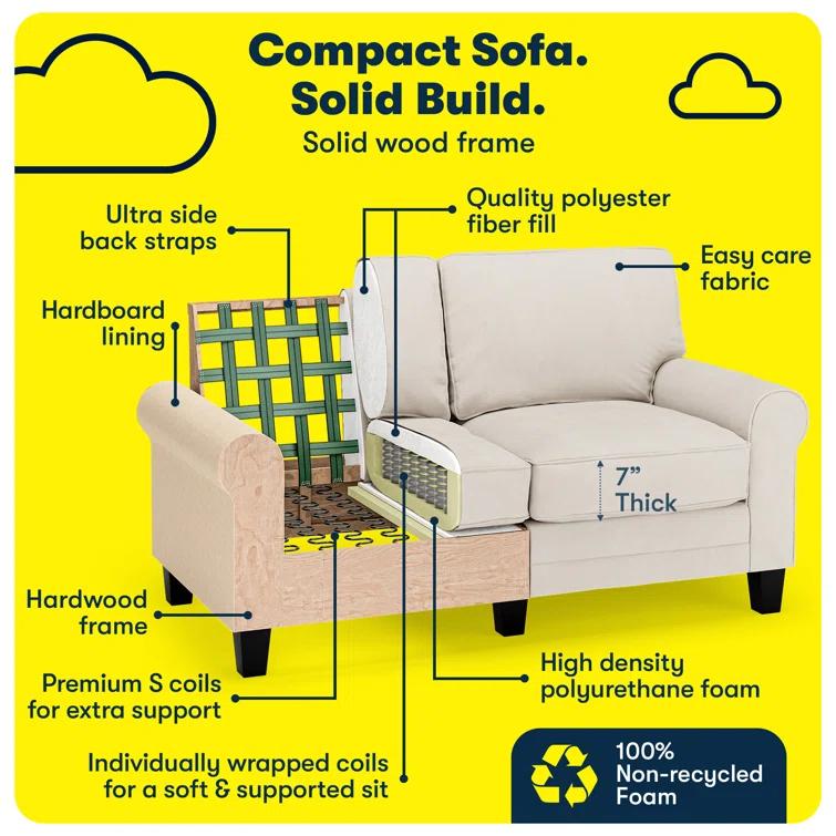 Serta Copenhagen 61" Rolled Arm Sofa, Easy Care Fabric, Soft Pillow Back, Pocket Coil Seat Cushions