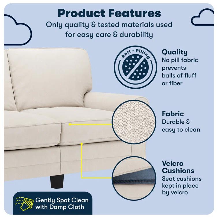 Serta Copenhagen 61" Rolled Arm Sofa, Easy Care Fabric, Soft Pillow Back, Pocket Coil Seat Cushions