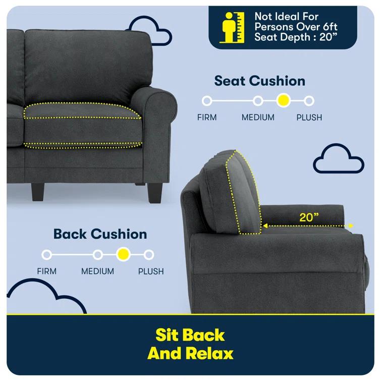 Serta Copenhagen 61" Rolled Arm Sofa, Easy Care Fabric, Soft Pillow Back, Pocket Coil Seat Cushions