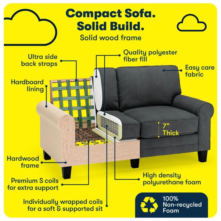 Serta Copenhagen 61" Rolled Arm Sofa, Easy Care Fabric, Soft Pillow Back, Pocket Coil Seat Cushions