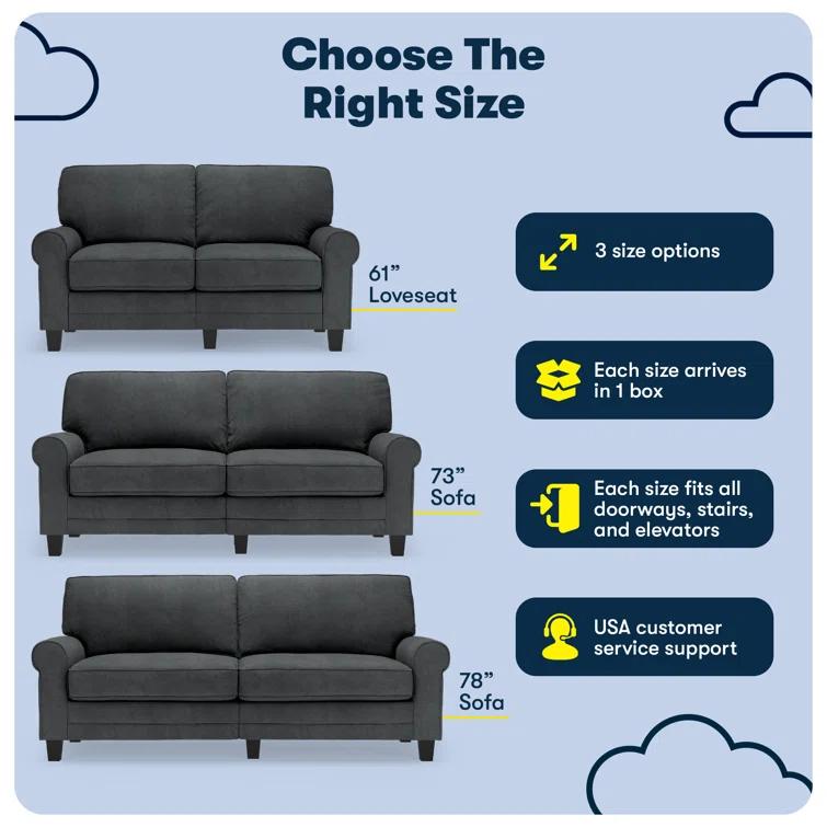 Serta Copenhagen 61" Rolled Arm Sofa, Easy Care Fabric, Soft Pillow Back, Pocket Coil Seat Cushions