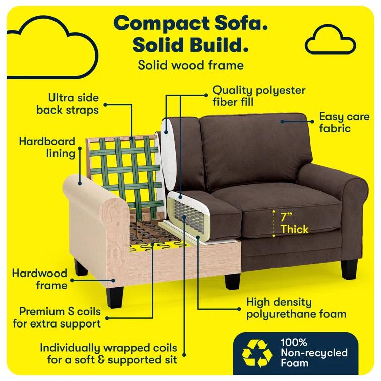 Serta Copenhagen 61" Rolled Arm Sofa, Easy Care Fabric, Soft Pillow Back, Pocket Coil Seat Cushions