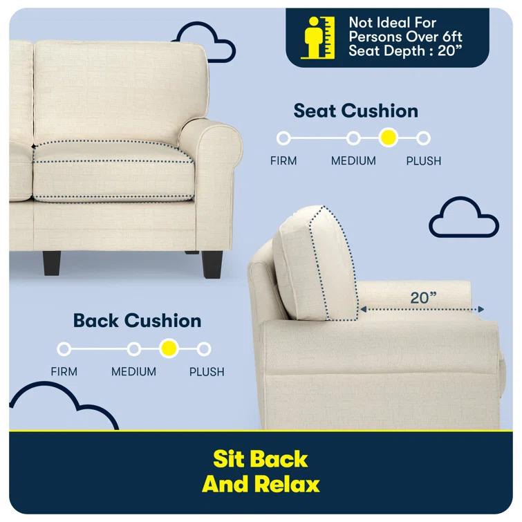 Serta Copenhagen 61" Rolled Arm Sofa, Easy Care Fabric, Soft Pillow Back, Pocket Coil Seat Cushions
