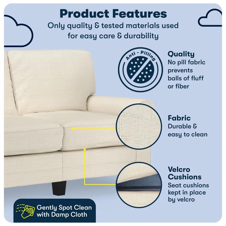 Serta Copenhagen 61" Rolled Arm Sofa, Easy Care Fabric, Soft Pillow Back, Pocket Coil Seat Cushions