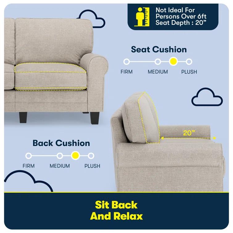 Serta Copenhagen 61" Rolled Arm Sofa, Easy Care Fabric, Soft Pillow Back, Pocket Coil Seat Cushions
