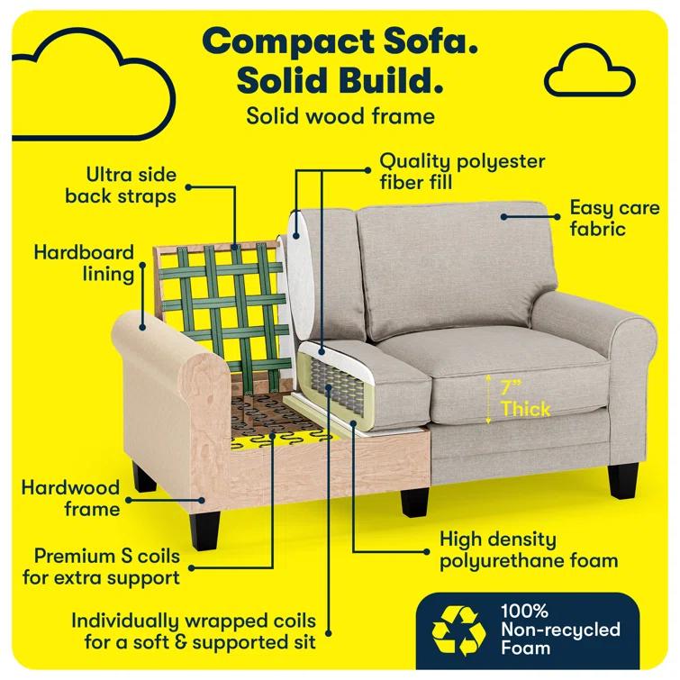 Serta Copenhagen 61" Rolled Arm Sofa, Easy Care Fabric, Soft Pillow Back, Pocket Coil Seat Cushions