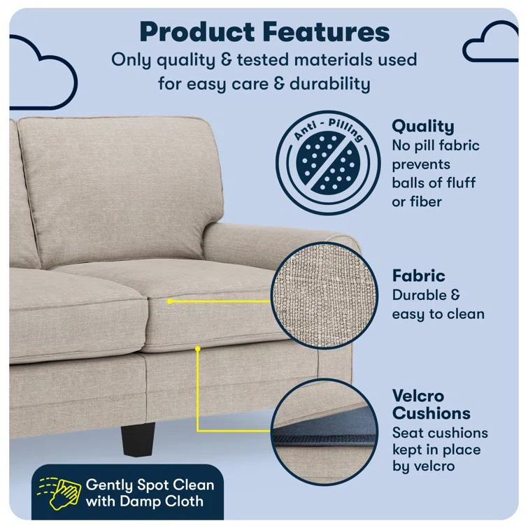 Serta Copenhagen 61" Rolled Arm Sofa, Easy Care Fabric, Soft Pillow Back, Pocket Coil Seat Cushions
