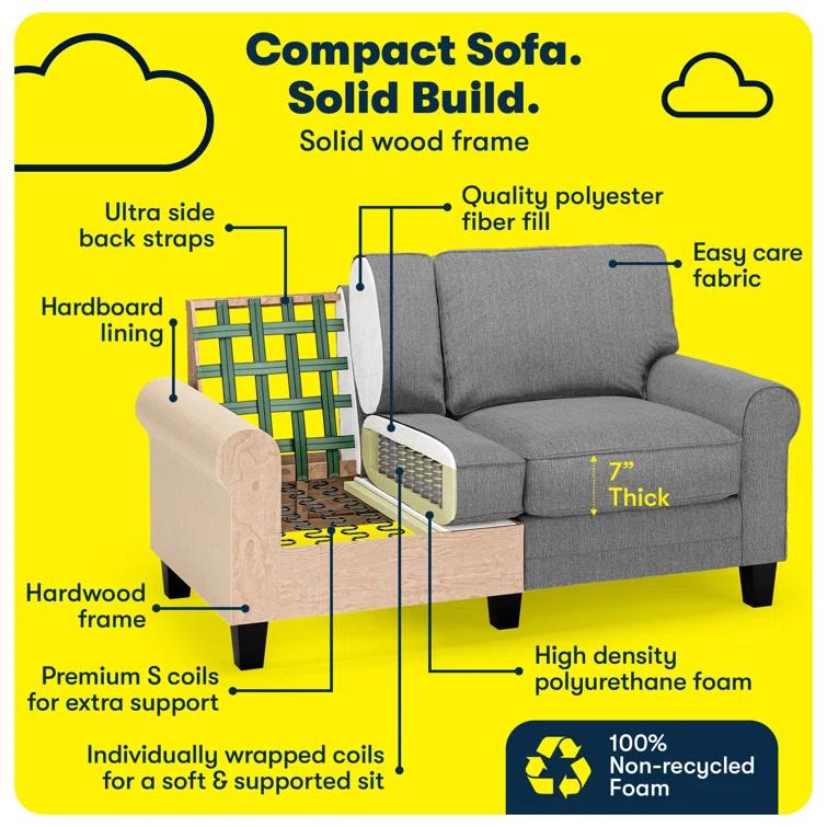 Serta Copenhagen 61" Rolled Arm Sofa, Easy Care Fabric, Soft Pillow Back, Pocket Coil Seat Cushions