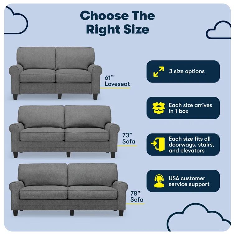 Serta Copenhagen 61" Rolled Arm Sofa, Easy Care Fabric, Soft Pillow Back, Pocket Coil Seat Cushions