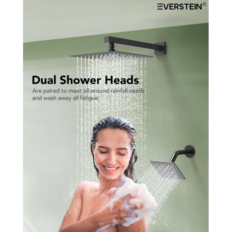 EVERSTEIN DualJetSpa 10-Inch High-Pressure Rainfall Shower Faucet with Handheld Spray, Wall Mount Dual Showerheads System with Slide Bar and Rough-in Valve SFS-1059-BK10