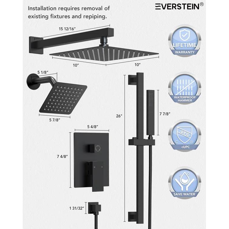 EVERSTEIN DualJetSpa 10-Inch High-Pressure Rainfall Shower Faucet with Handheld Spray, Wall Mount Dual Showerheads System with Slide Bar and Rough-in Valve SFS-1059-BK10