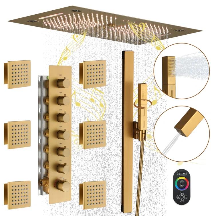 CASAINC KCHS0021-LEDBG Rodeo 27.5-Inch LED&Music Rainfall Thermostatic Shower System with Slide Bar and 2-in-1 Handheld