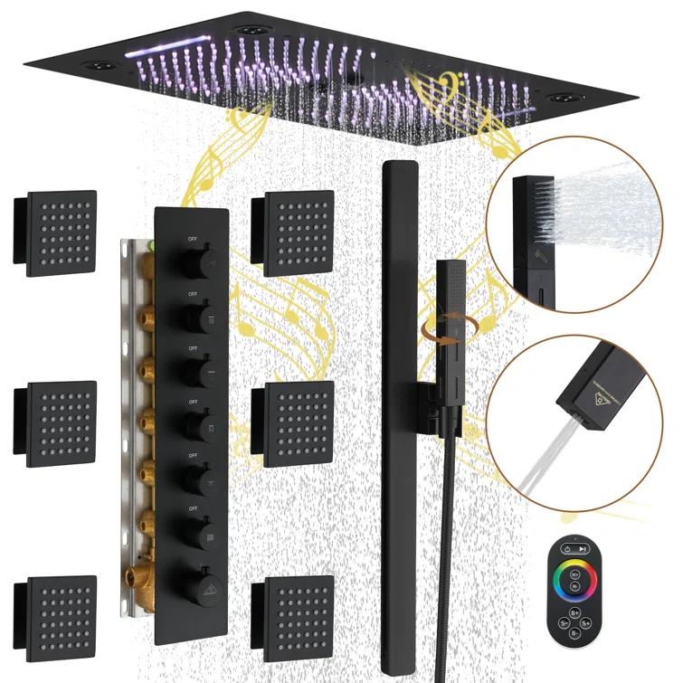 Rodeo 27.5-Inch LED&Music Rainfall Thermostatic Shower System with Slide Bar and 2-in-1 Handheld