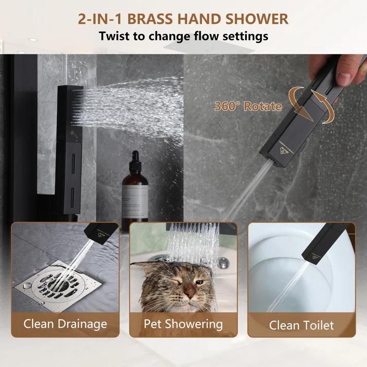 Rodeo 27.5-Inch LED&Music Rainfall Thermostatic Shower System with Slide Bar and 2-in-1 Handheld