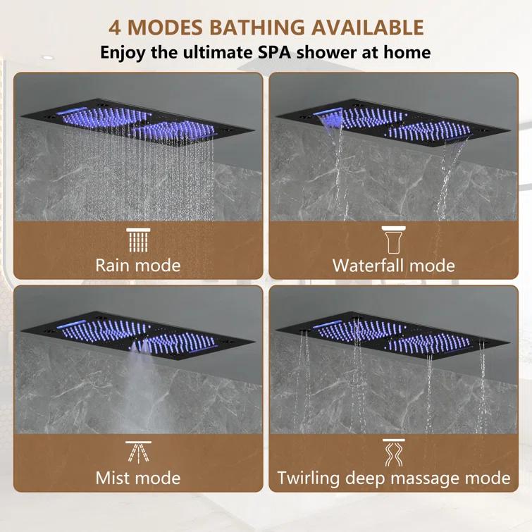 Rodeo 27.5-Inch LED&Music Rainfall Thermostatic Shower System with Slide Bar and 2-in-1 Handheld