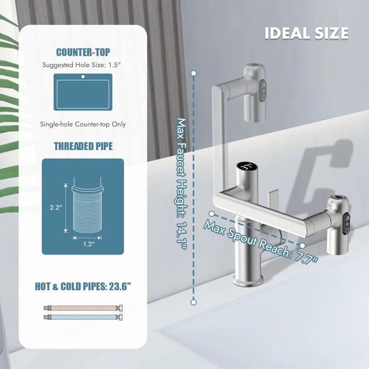 Lefton BF2204-0 Lefton Rotatable Single Hole Bathroom Faucet with Temperature Display BF2204