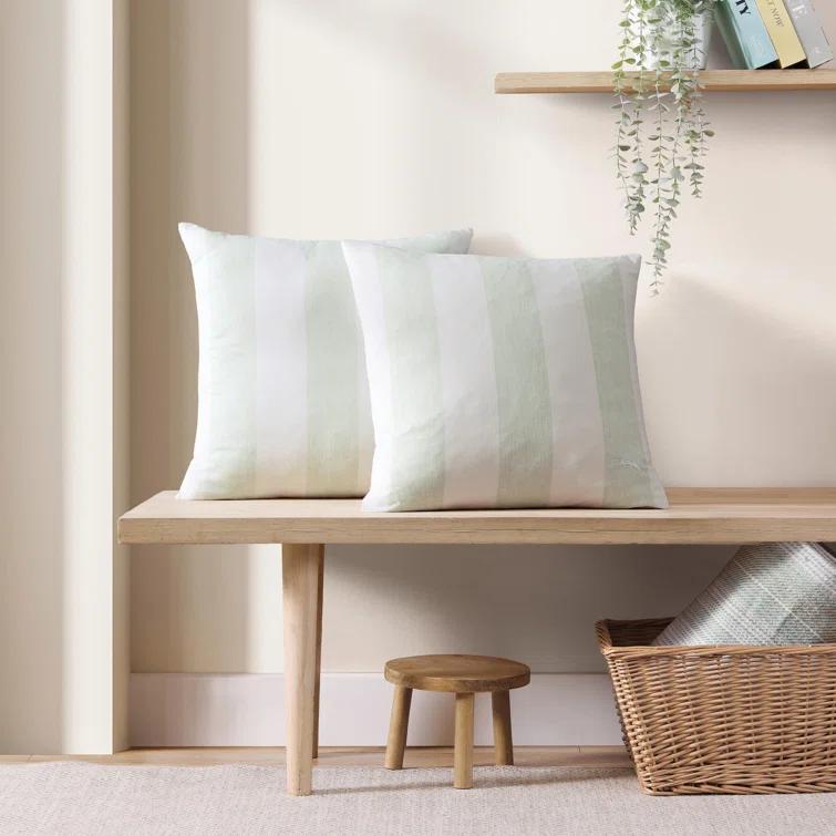 Green and White Striped Cotton Square Throw Pillow