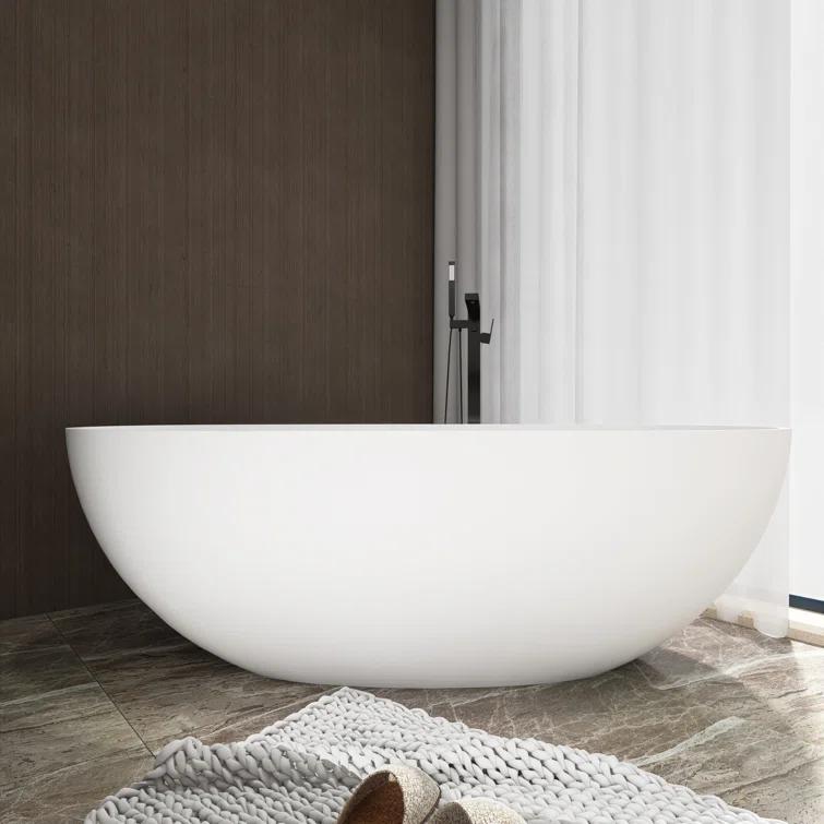 TCYO 65 in. x 30 in. Solid Surface Freestanding Soaking Bathtub with Center Drain in Matte White TYMYBT11-65MW