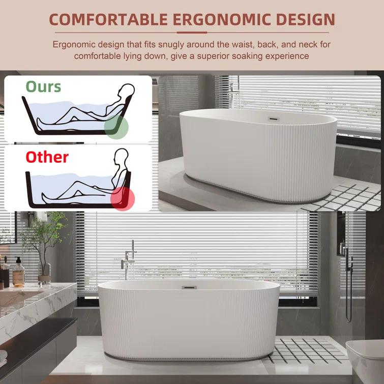KDK HOME 67 in Freestanding Bathtub Acrylic Deep Soaking Tubs with Overflow