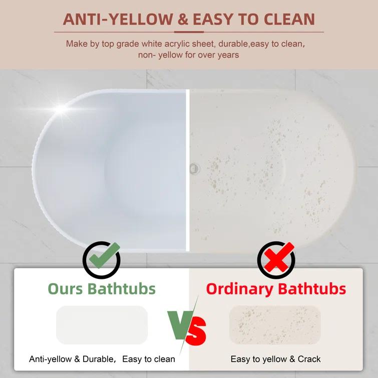 KDK HOME 67 in Freestanding Bathtub Acrylic Deep Soaking Tubs with Overflow