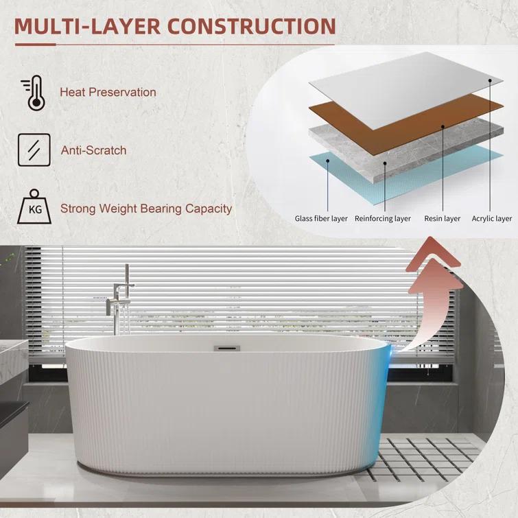 KDK HOME 67 in Freestanding Bathtub Acrylic Deep Soaking Tubs with Overflow