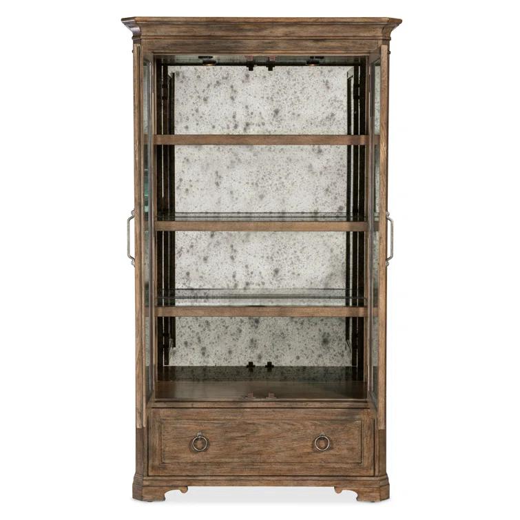 Rustic Lighted Oak Veneer China Cabinet with Glass Doors