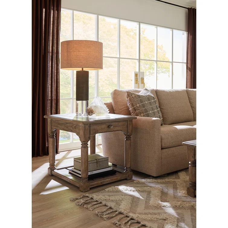 Rustic Brown Oak Veneer End Table with Metal Hardware