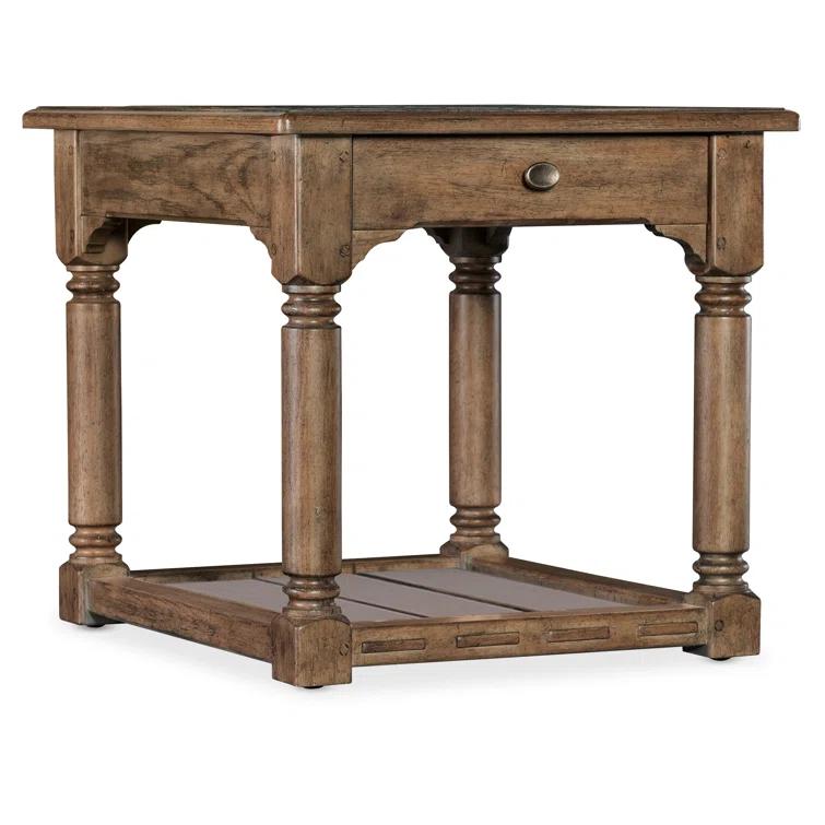 Rustic Brown Oak Veneer End Table with Metal Hardware