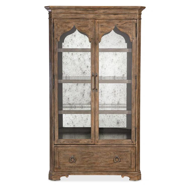 Rustic Lighted Oak Veneer China Cabinet with Glass Doors