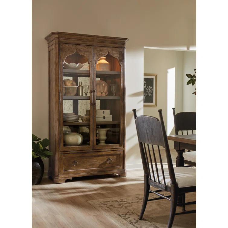 Rustic Lighted Oak Veneer China Cabinet with Glass Doors