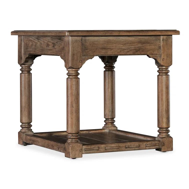 Rustic Brown Oak Veneer End Table with Metal Hardware