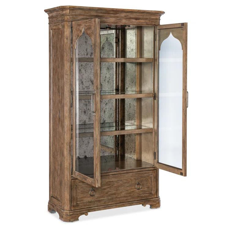 Rustic Lighted Oak Veneer China Cabinet with Glass Doors