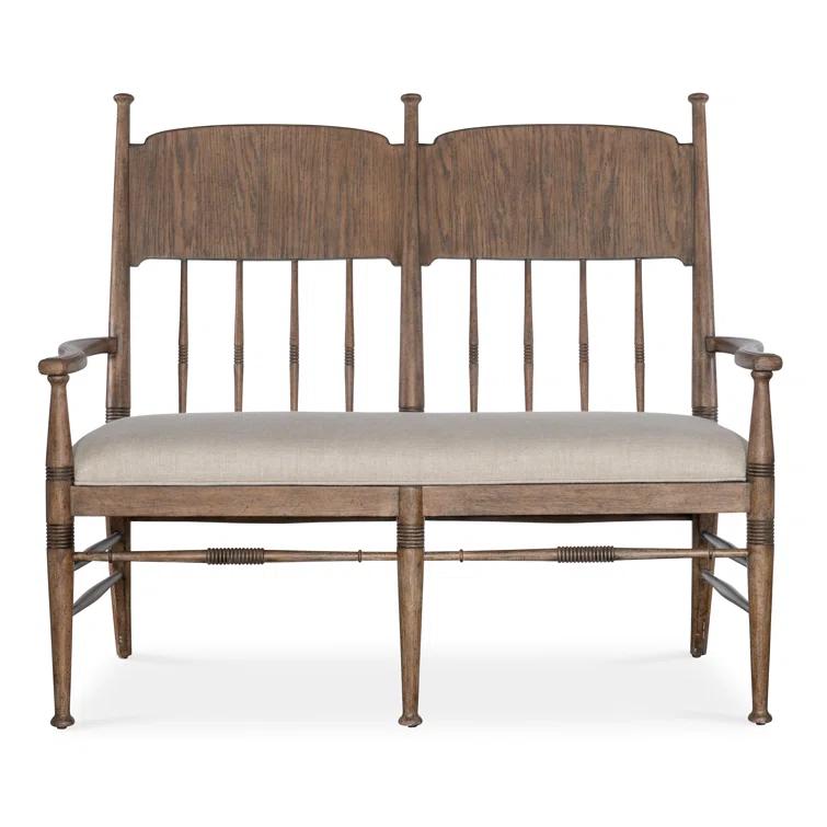 Honey Oak Upholstered Dining Bench with Armrests