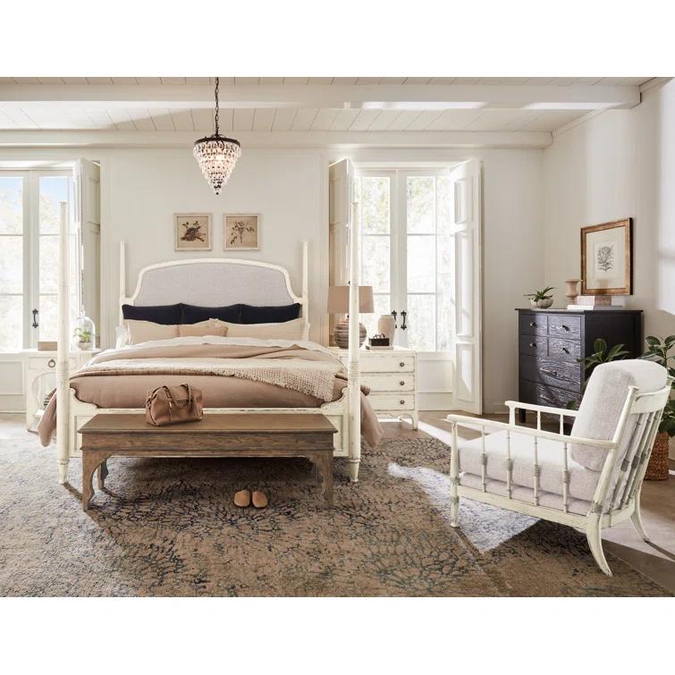 Beige Queen Upholstered Poster Bed with Wood Frame