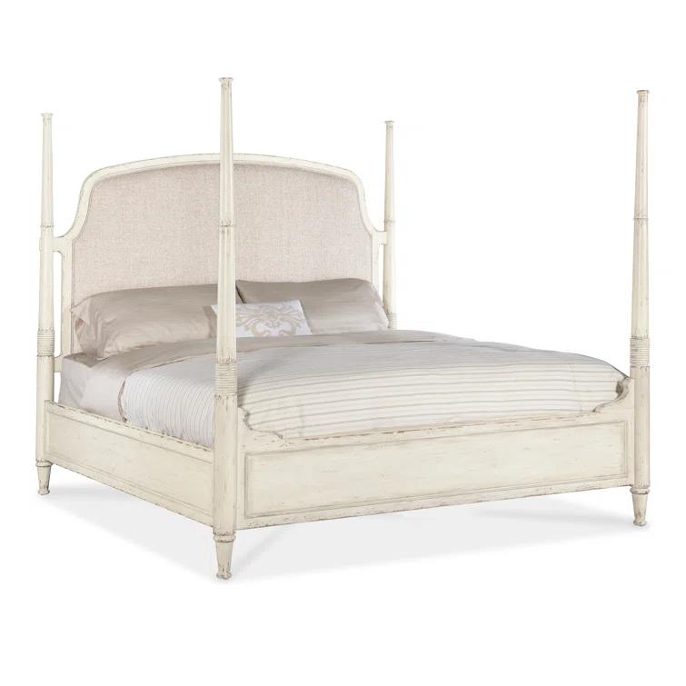 Beige Queen Upholstered Poster Bed with Wood Frame
