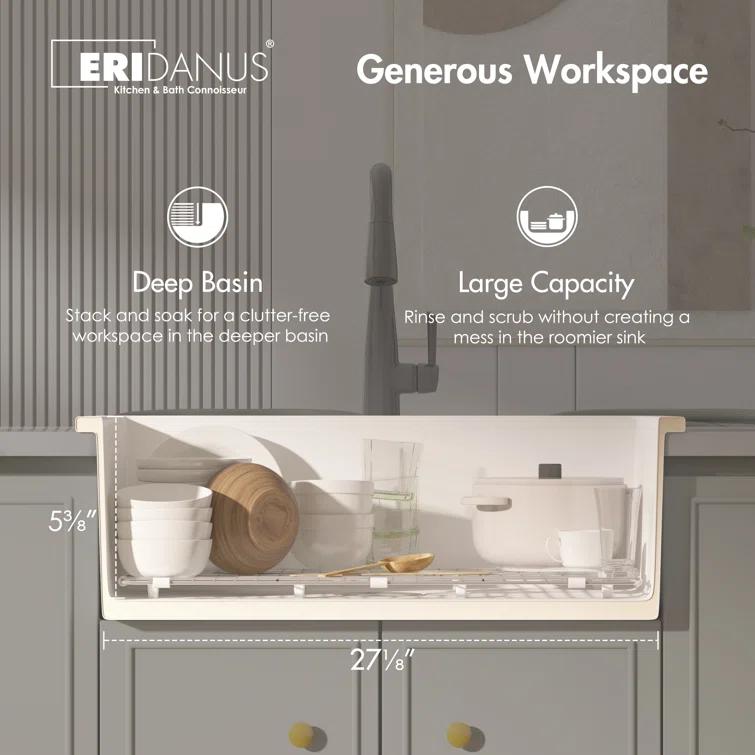 Eridanus Oslo 30" x 18" White Single Bowl Fireclay Undermount Kitchen Sink with Basket Strainer and Bottom Grid ERI-DS-164