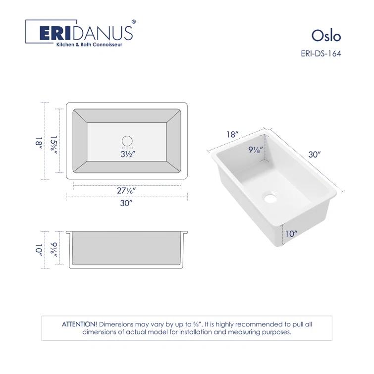Eridanus Oslo 30" x 18" White Single Bowl Fireclay Undermount Kitchen Sink with Basket Strainer and Bottom Grid ERI-DS-164