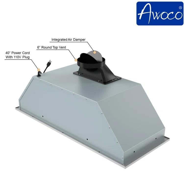 Awoco 36" Stainless Steel 650 CFM Ducted (Vented) Insert Range Hood with Mesh Filter