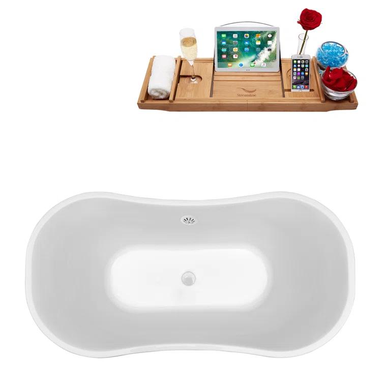 68" Streamline Freestanding Soaking Acrylic Bathtub With Drain and Bamboo Tray
