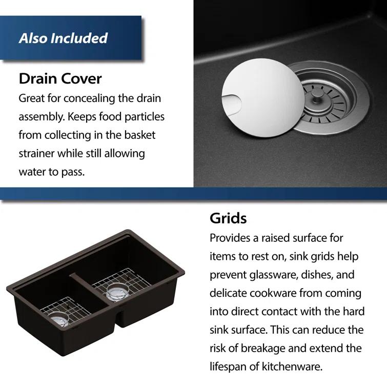 Quartz Undermount Sinks 32.5'' L Undermount Double Bowl Kitchen Sink